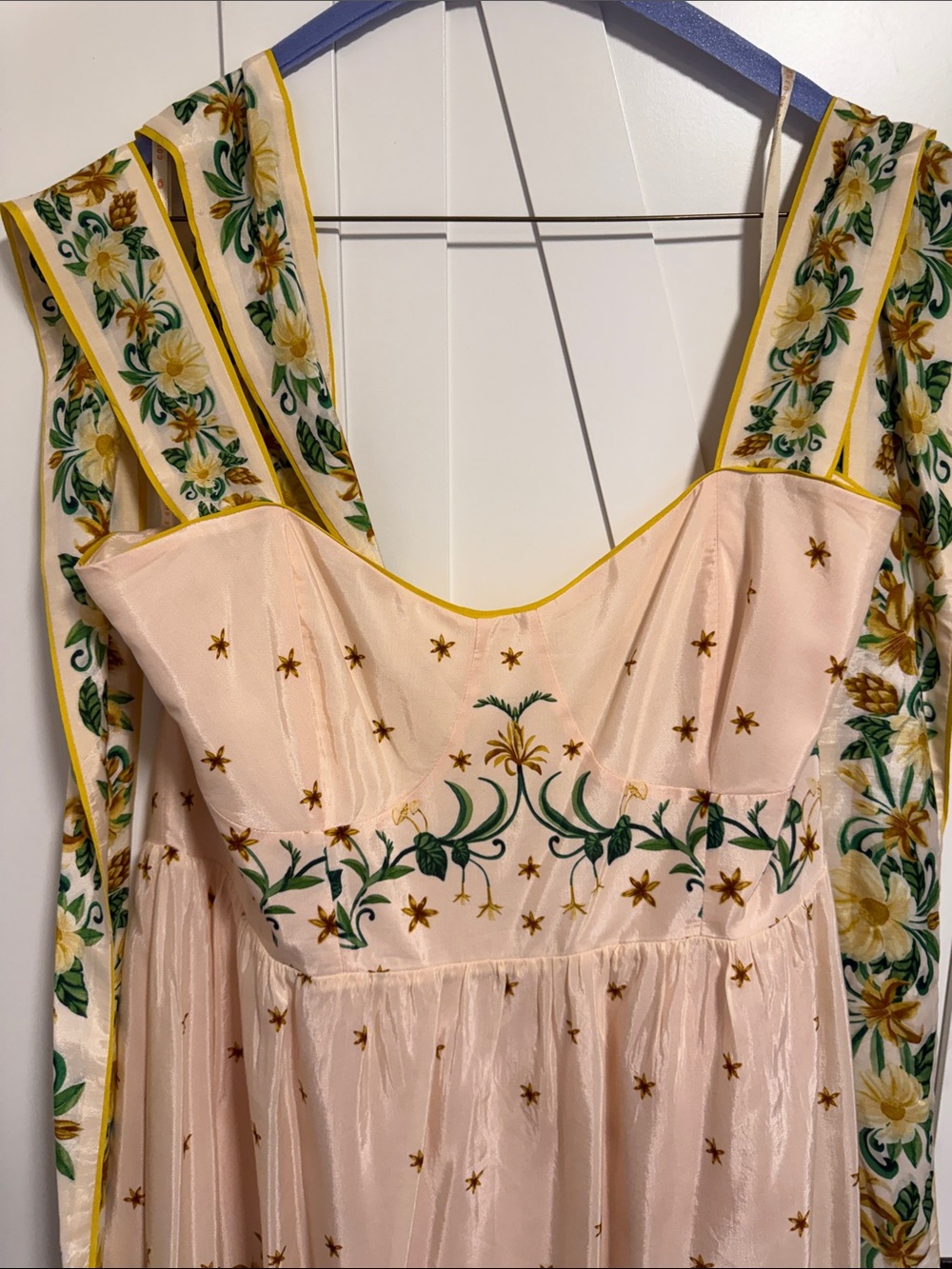 FARM Rio Peach Midi Dress with Green and Yellow Floral Embroidery - Picture 9 of 9